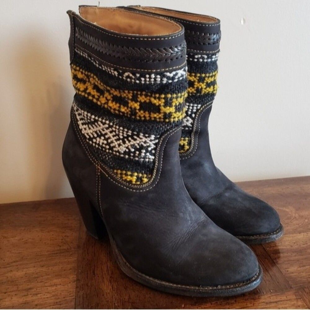Cobra Society Cannon Leather Aztec Black Ankle Boot Stacked Heel Wool Booties 37